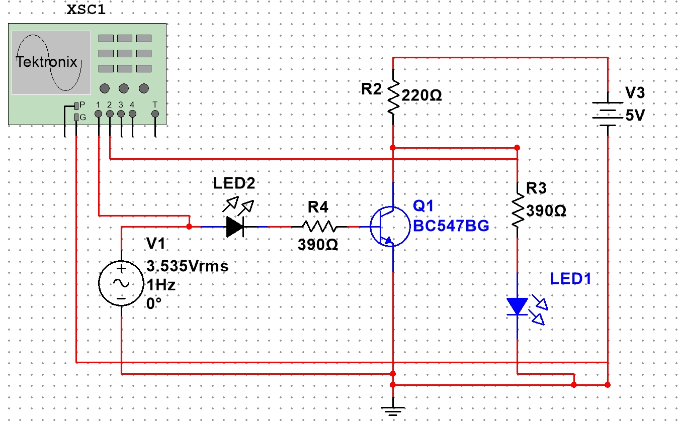 LED transistor switching circuit with a 5 volt supply, BC547 transistor, LEDs, 220 ohm collector resistor, and 390 ohm resistors