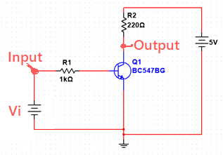 Common-emitter BC547 circuit with input through 1 kilohm base resistor, emitter grounded, and collector output pulled to 5 volts through 220 ohms