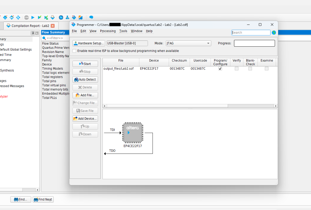 Quartus Programmer window showing USB-Blaster in JTAG mode with a compiled SOF file listed
