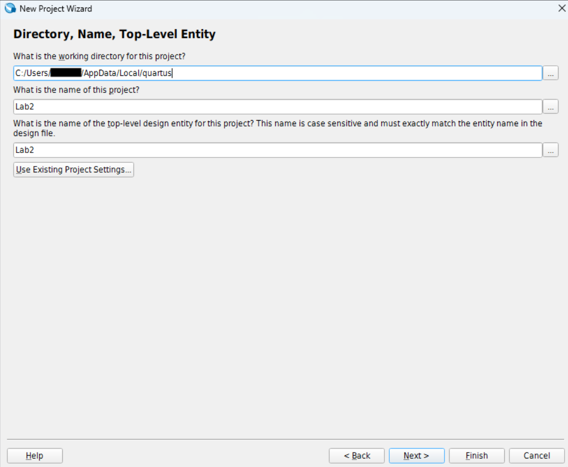 Quartus New Project Wizard showing the project folder, project name, and top-level entity fields