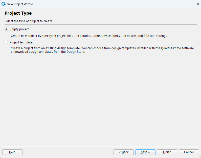 Quartus New Project Wizard showing the Empty project option selected