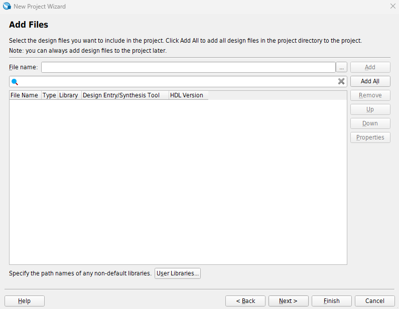 Quartus New Project Wizard Add Files page with no files selected