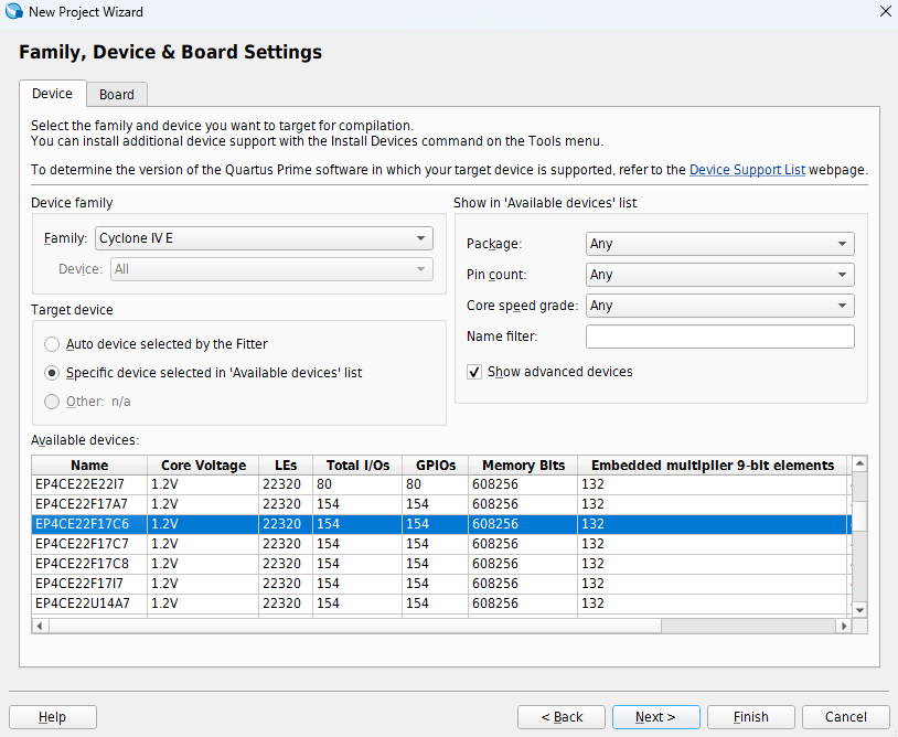 Quartus device selection page with Cyclone IV E and EP4CE22F17C6 highlighted