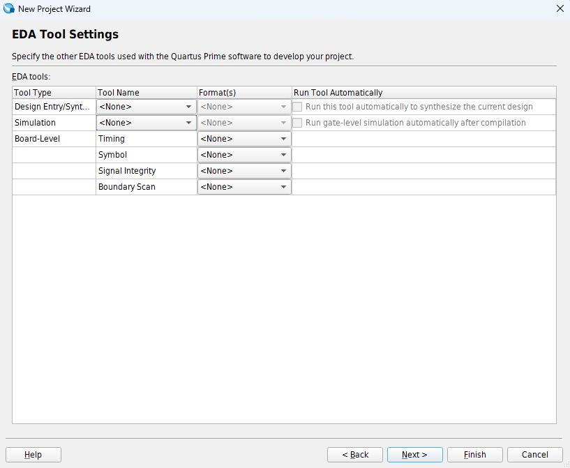 Quartus EDA Tool Settings page with no external tools selected