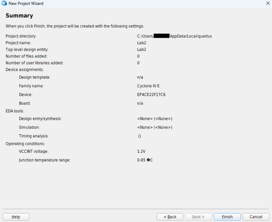 Quartus New Project Wizard summary showing the project folder, entity, Cyclone IV E family, and EP4CE22F17C6 device