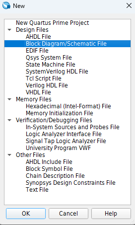 Quartus New dialog with Block Diagram/Schematic File highlighted