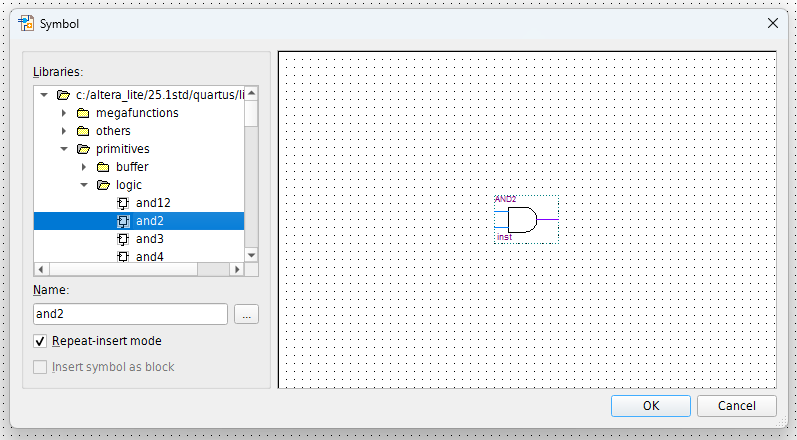 Quartus Symbol dialog with primitives, logic, and the and2 symbol selected