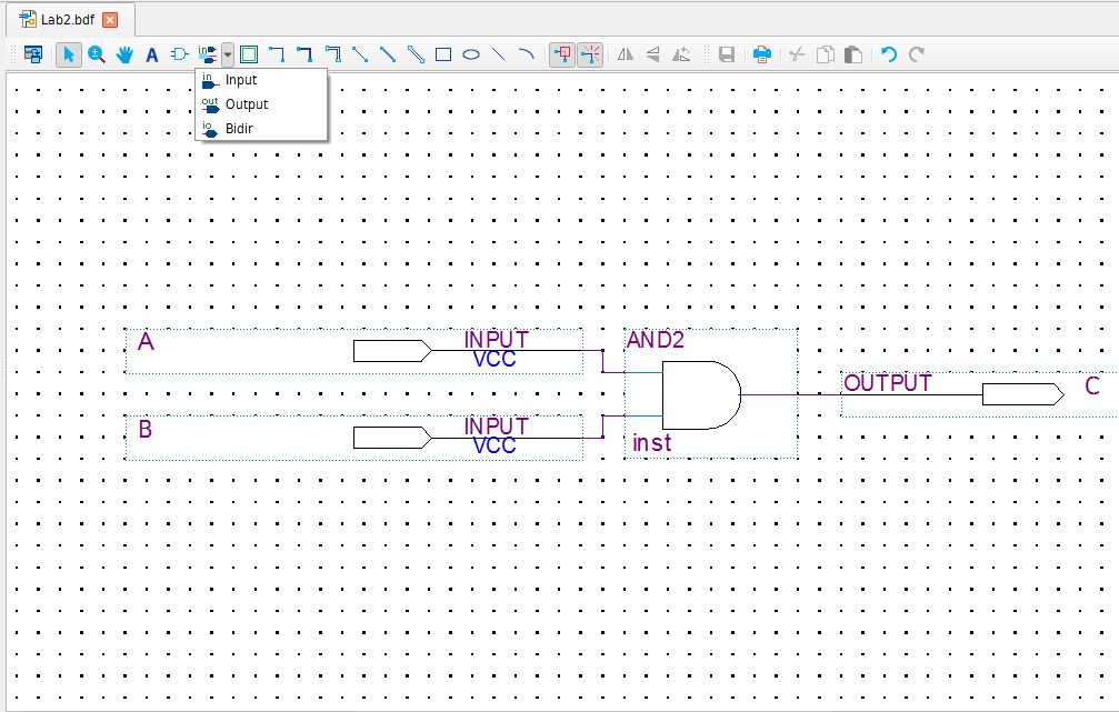 Completed simple AND schematic with A and B inputs, an AND2 gate, and C output