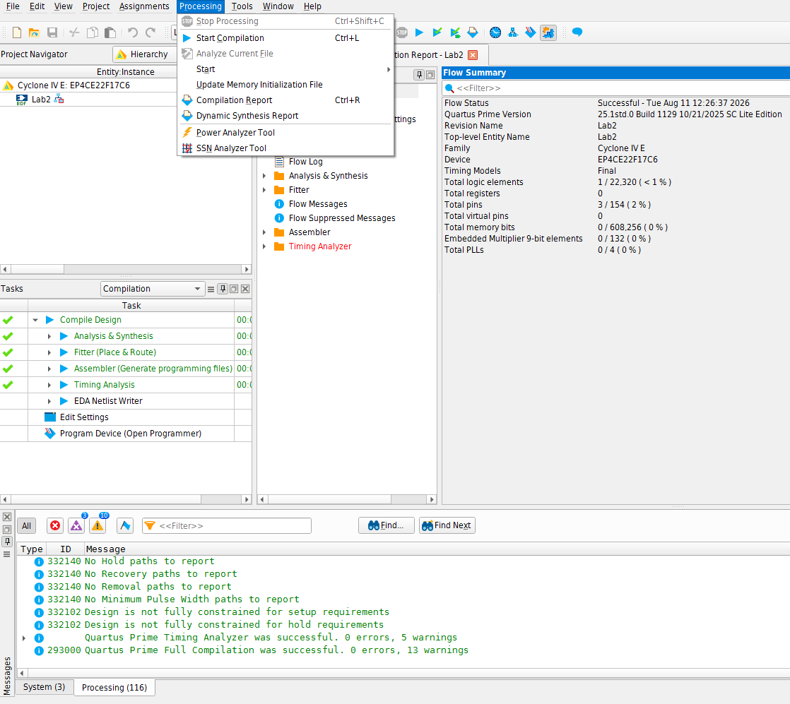 Quartus compilation report showing a successful compile and the Processing menu
