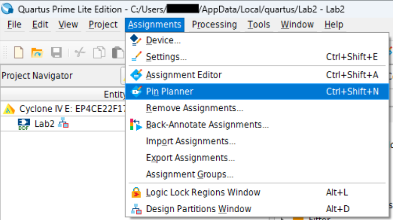 Quartus Assignments menu with Pin Planner highlighted