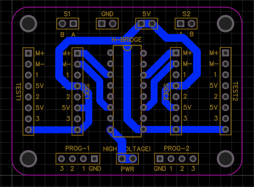 Bottom copper view of the elevator interface PCB with blue traces and labelled connectors